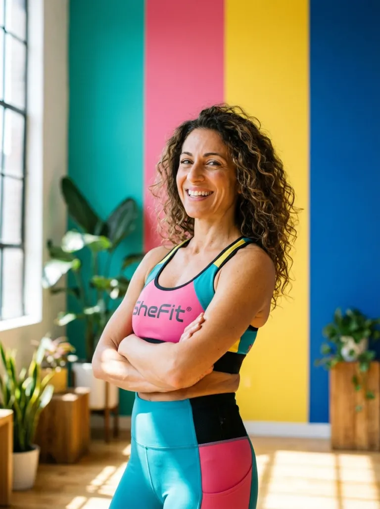 Donna sorridente a braccia conserte con il top SheFit