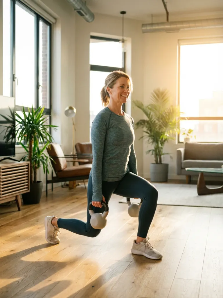 Donna che fa un affondo con il kettlebell