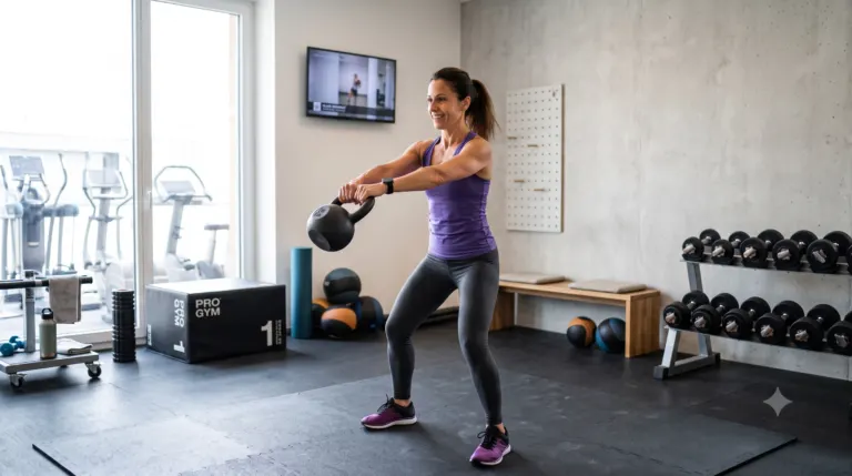 Donna che si allena con il kettlebell in sala