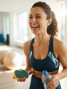 Donna che ride con la borraccia in mano dopo l'allenamento