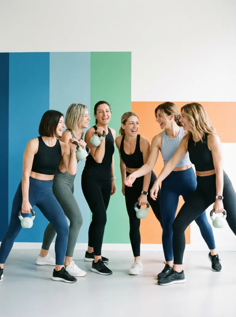 Gruppo di donne che ridono con i kettlebell
