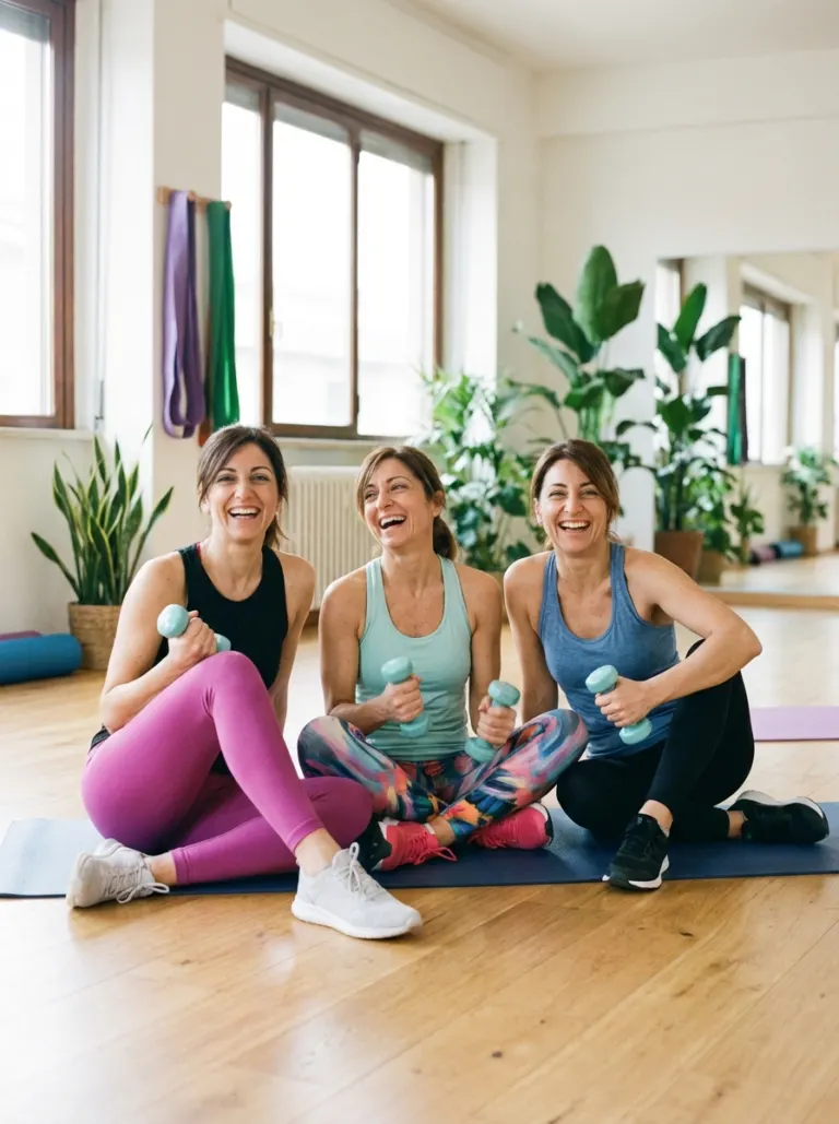 Tre amiche sorridenti sul tappetino con i manubri